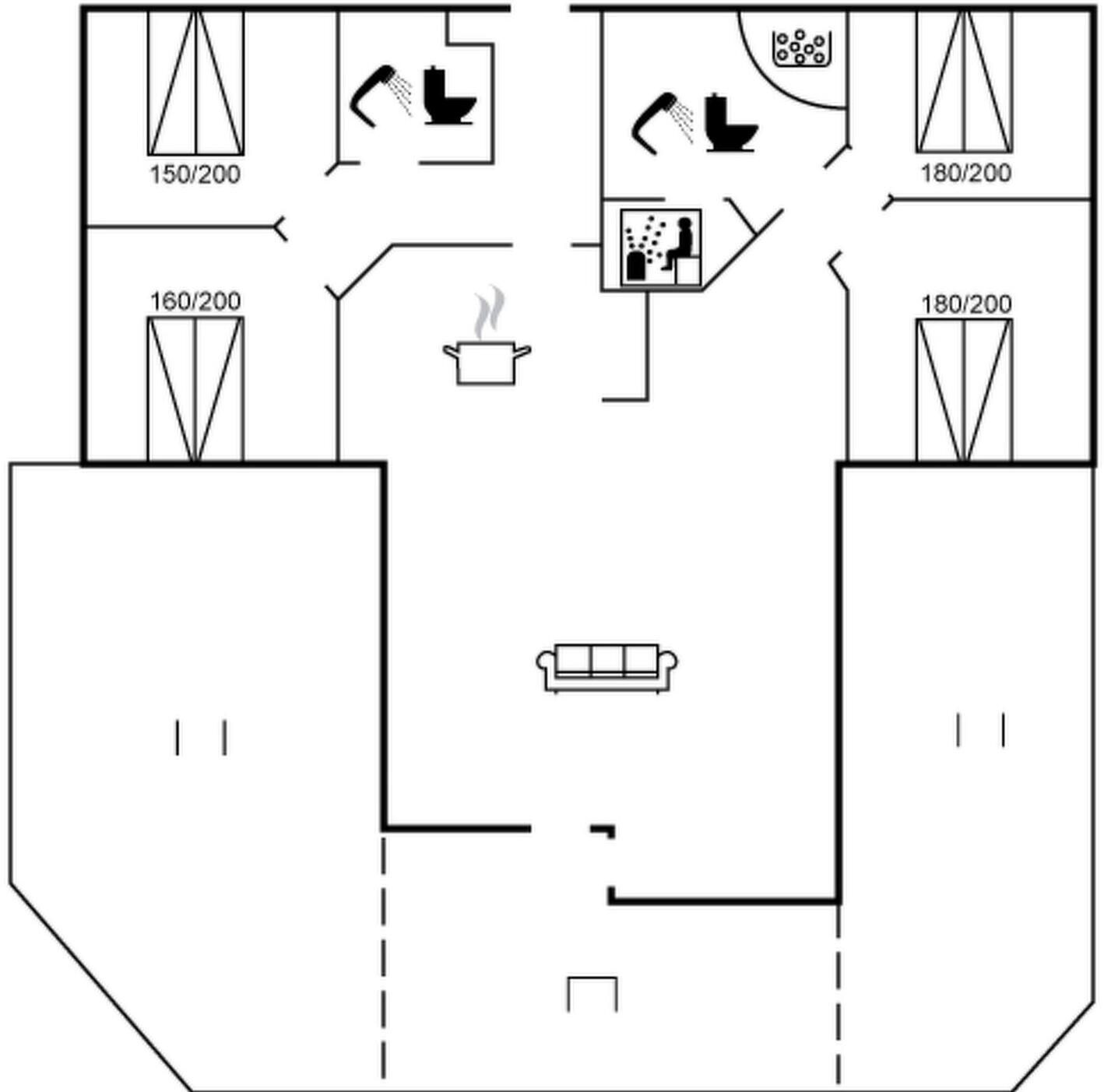 Plano de planta que muestra una cocina, dos baños y una sala de estar.