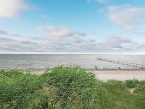 Une vue sur la côte, avec une plage de sable, un premier plan herbeux et une jetée en bois qui s’avance dans l’eau.