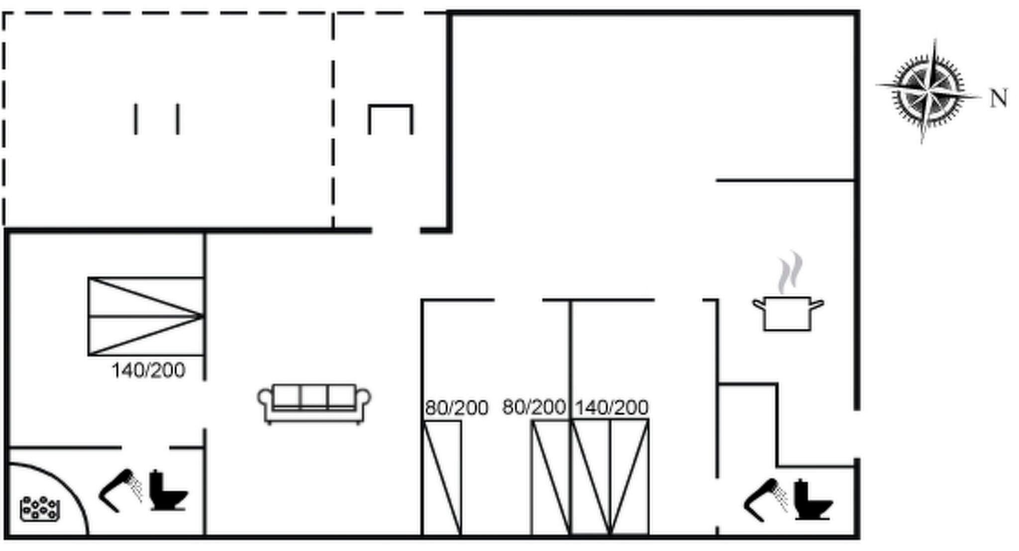 A floor plan with a kitchen, a dining area, and a bathroom.