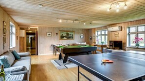 Een knus vertrek met een pooltafel, een bank en een biljarttafel.