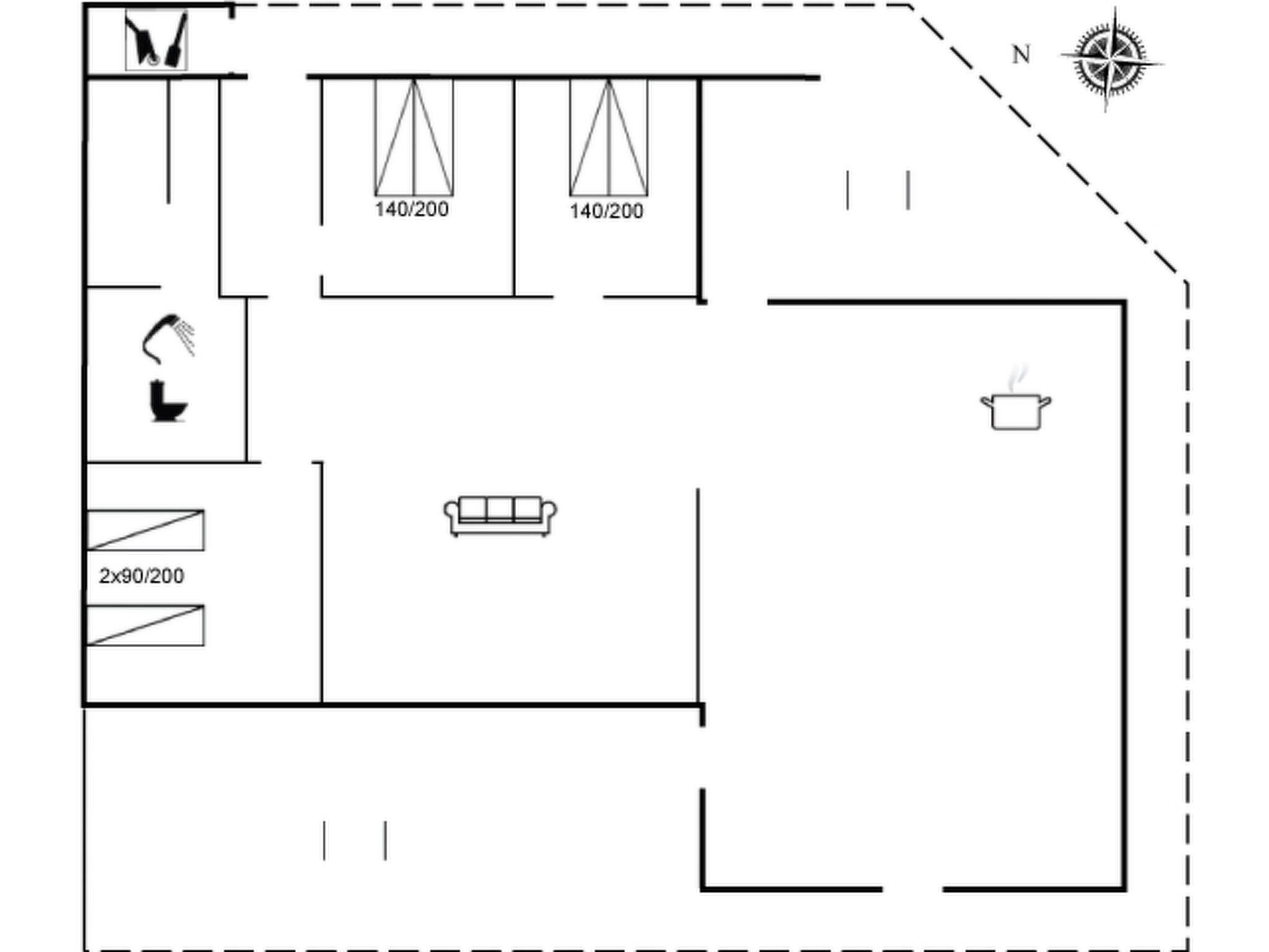 A floor plan with a kitchen, two bedrooms, a bathroom, and a dining area.