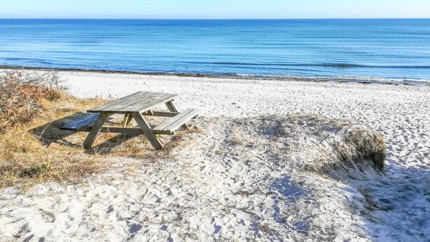 A beach with a wooden picnic table and a clear view of the ocean. - "Frode" - 400m from the sea by Interhome (Idestrup)