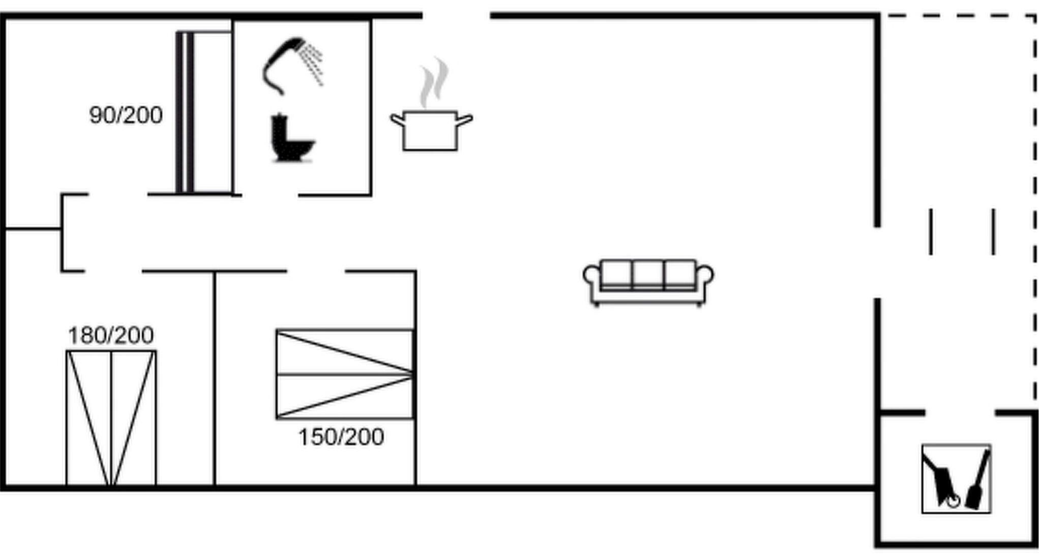 A floor plan with a kitchen area, a dining area, and a living room.