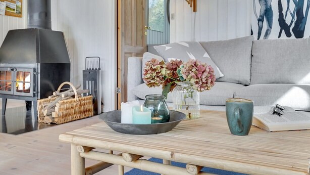 A cozy living room with a fireplace, a sofa, a coffee table with decorative items, and a wall-mounted lamp. - "Gærmund" - 350m from the sea by Interhome (Føllenslev)