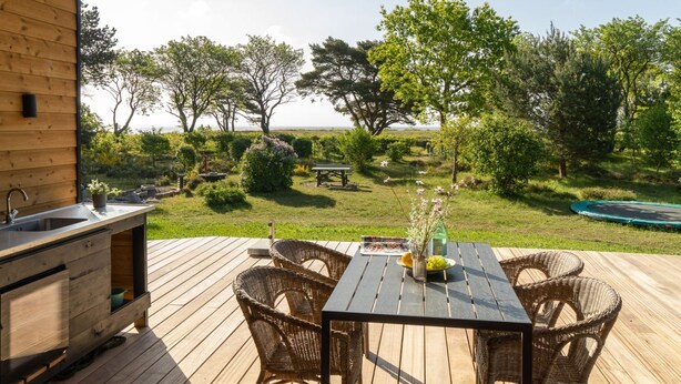 A wooden deck with a table and chairs, a sink, and a view of a grassy area with trees and a pool. - "Toska" - 100m to the fjord by Interhome (Rørvig)