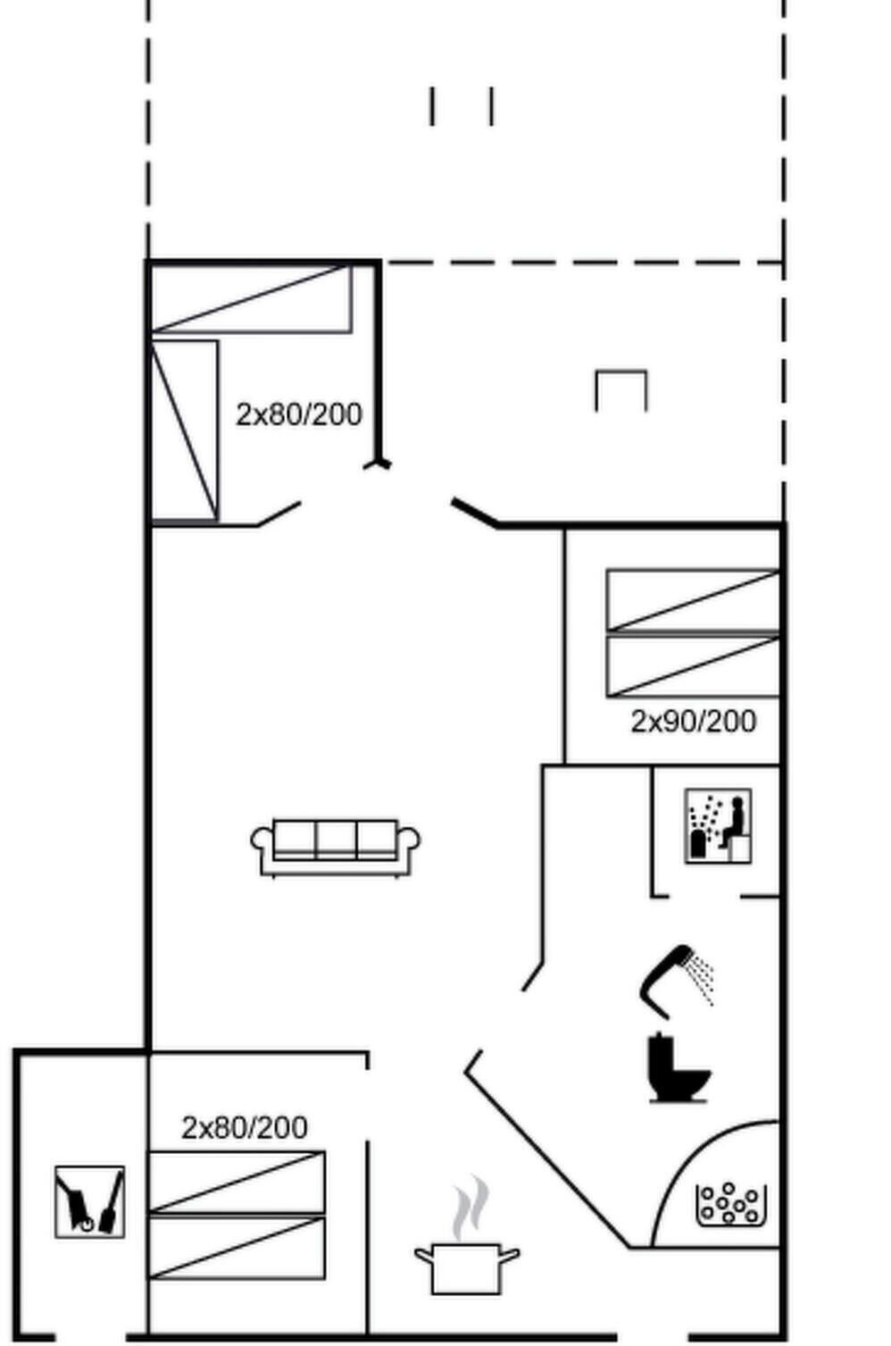 Ein Grundriss mit einer Küchenzeile, einem Badezimmer und einem Wohnbereich.