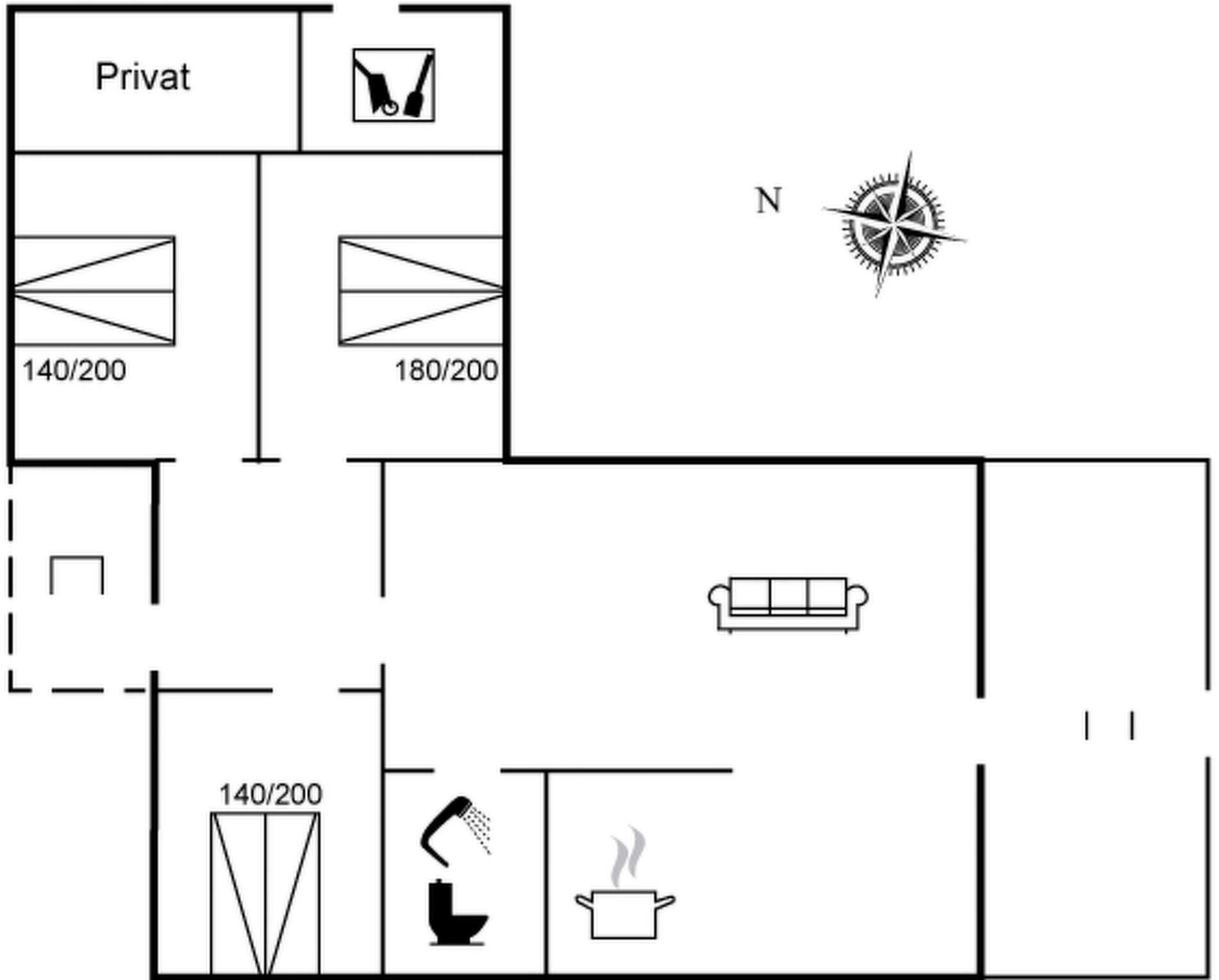Ein Grundriss mit einem privaten Zimmer, einem Badezimmer und einer Küchenzeile.
