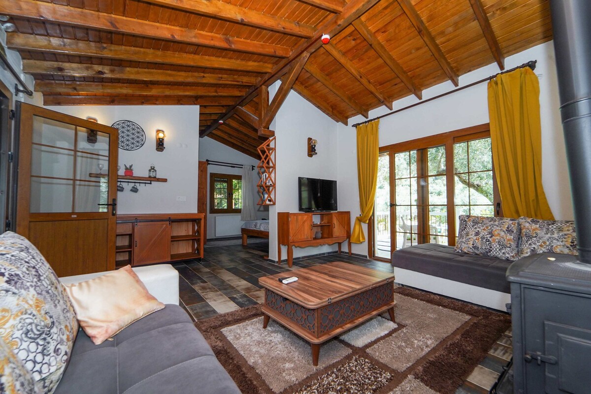 A cozy living room with a wooden ceiling, a sofa, a coffee table, and a TV.