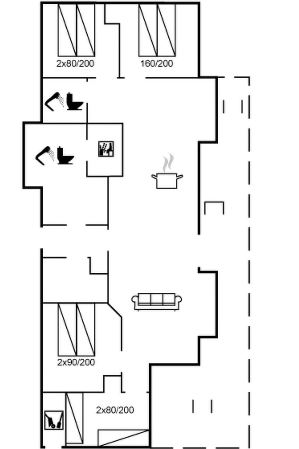 Planta baixa mostrando vários cômodos, incluindo uma cozinha, uma sala de estar com sofá e duas casas de banho.