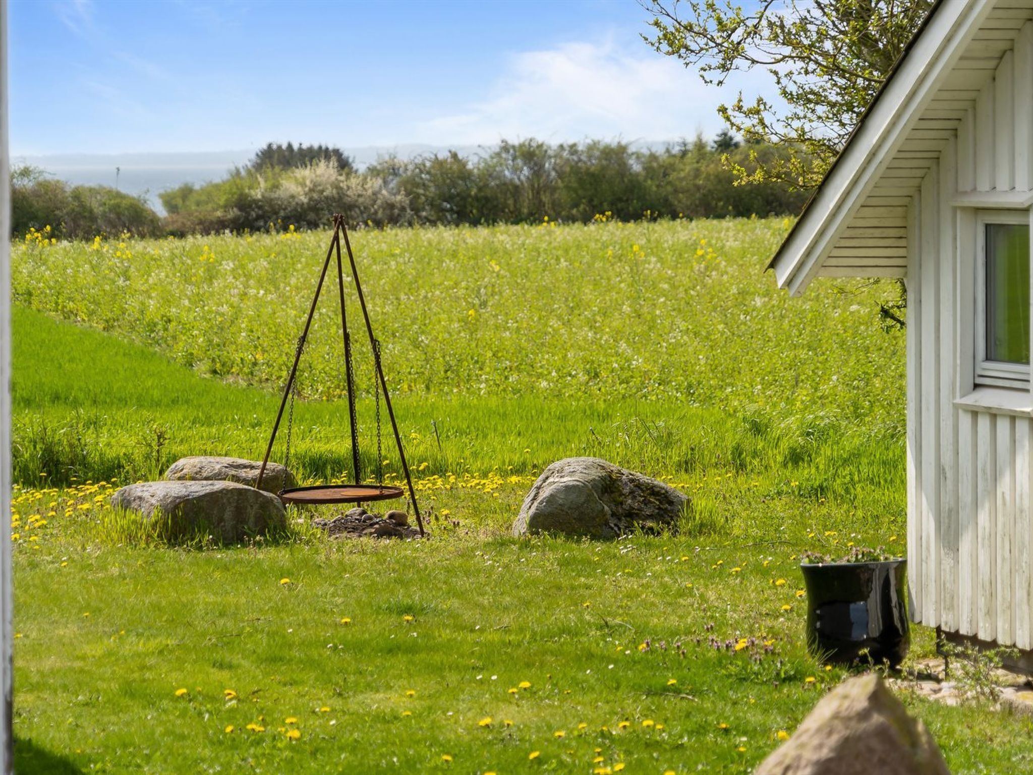 Un campo cubierto de césped con un columpio, rocas y un cobertizo pequeño.