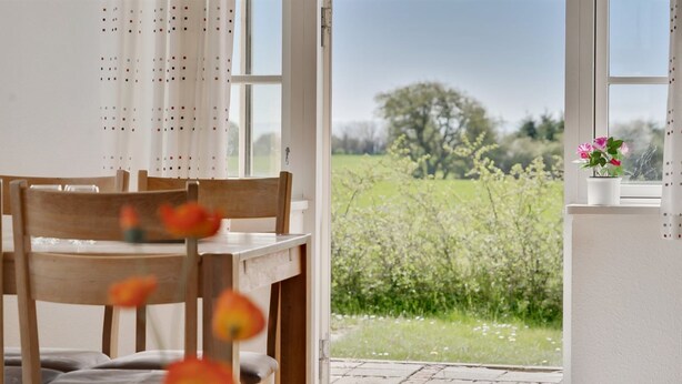 A room with a wooden table and chairs, a window with a view of a green field and trees, and a small potted plant on the windowsill.