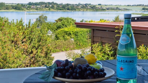 Una mesa con una botella de agua Pellegrino, un plato de uvas y vistas a un lago y follaje.