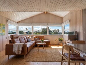 A cozy room with a wooden ceiling, a brown leather sofa, a coffee table, a TV, and large windows offering a view of the outdoors.