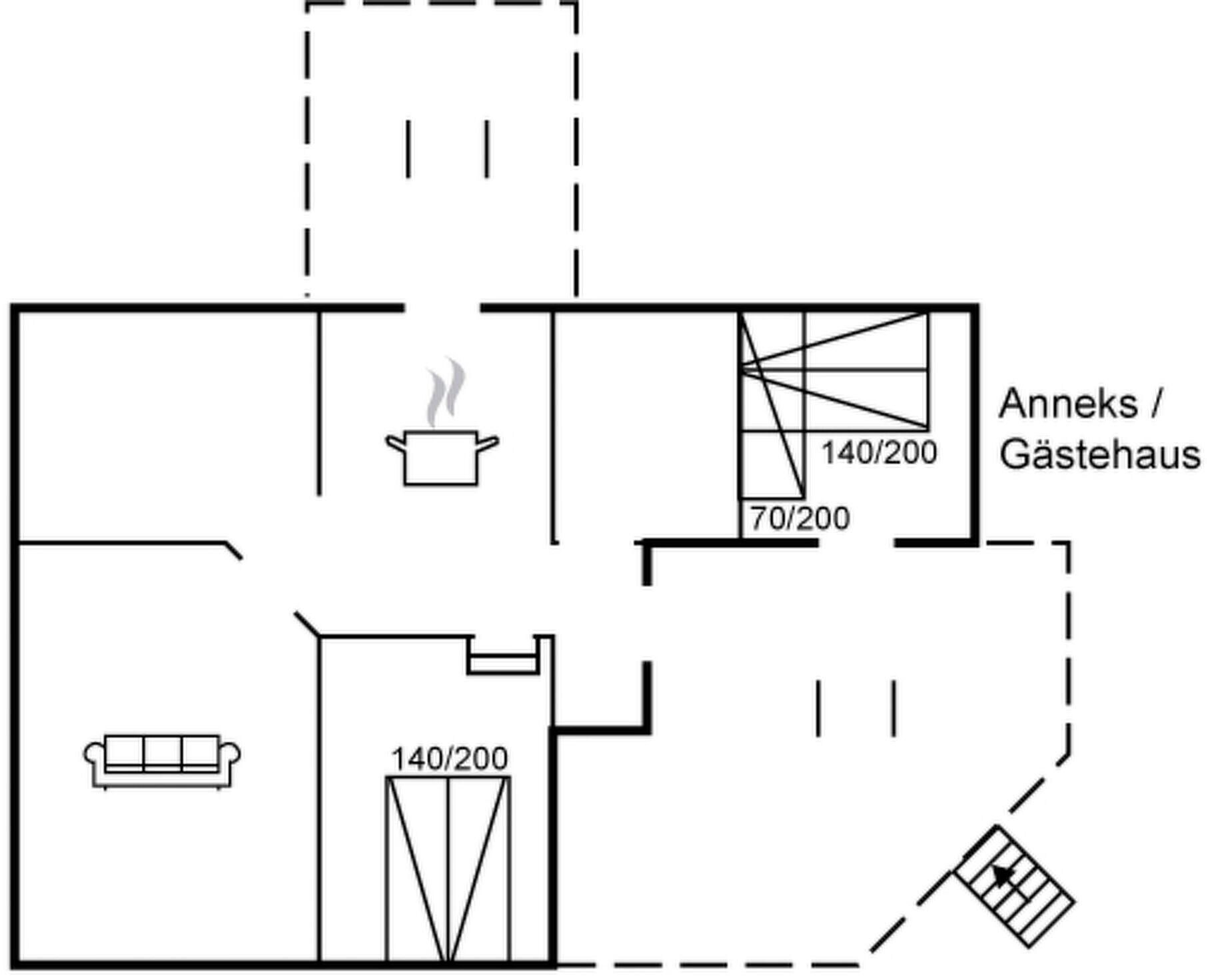 Ein Grundriss mit einer Küchenzeile, einem Essbereich und einem Wohnzimmer.