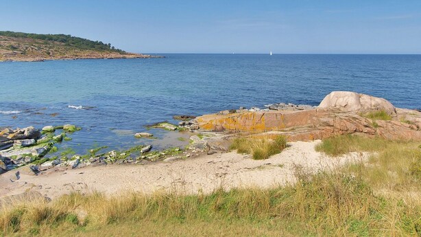 A coastal landscape with rocky shores, clear blue water, and a distant shoreline. - "Thyrne" - 500m from the sea by Interhome (Gudhjem)