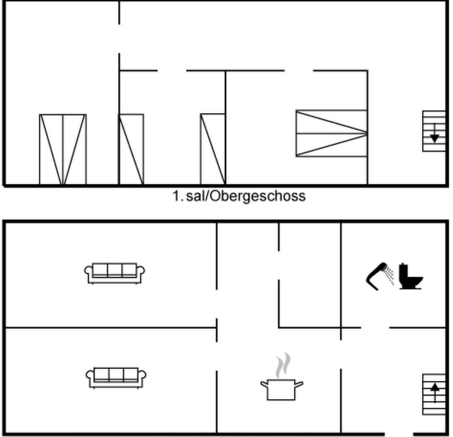 A floor plan with a living area, kitchen, and bathroom.