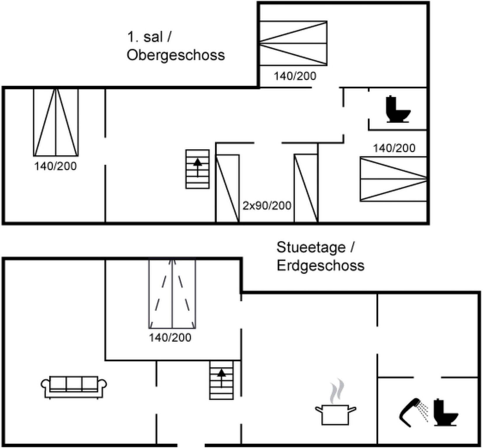 A hotel room layout with a bed, a sofa, a bathroom, and a kitchenette.