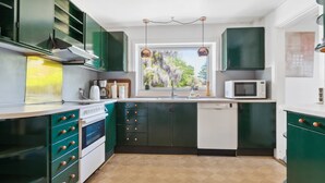 Cocina compacta con gabinetes verdes, electrodomésticos blancos y ventana con vista a follaje exterior.
