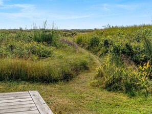 Een houten terras dat uitkomt op een natuurlijk landschap met diverse begroeiing en een heldere lucht.