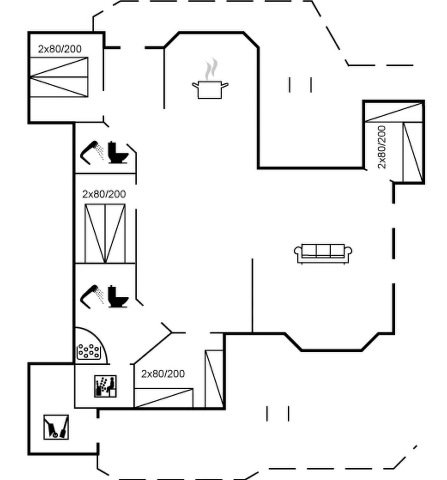 A floor plan with multiple rooms, including a kitchen, a living area, and a bathroom.