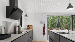 A modern kitchen with a central island, stainless steel appliances, and a view of the outdoors. - "Ellin" - 800m from the sea by Interhome (Hasle)
