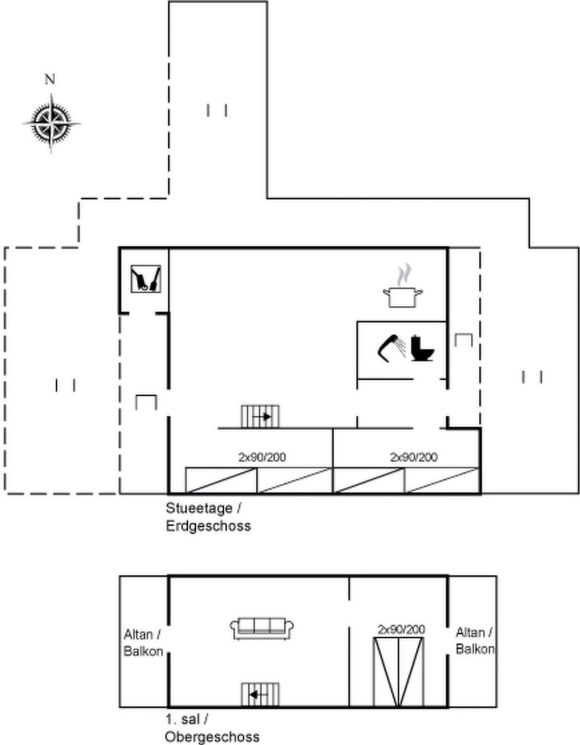Plano de planta que muestra una kitchenette, un baño y una sala de estar con sofá.