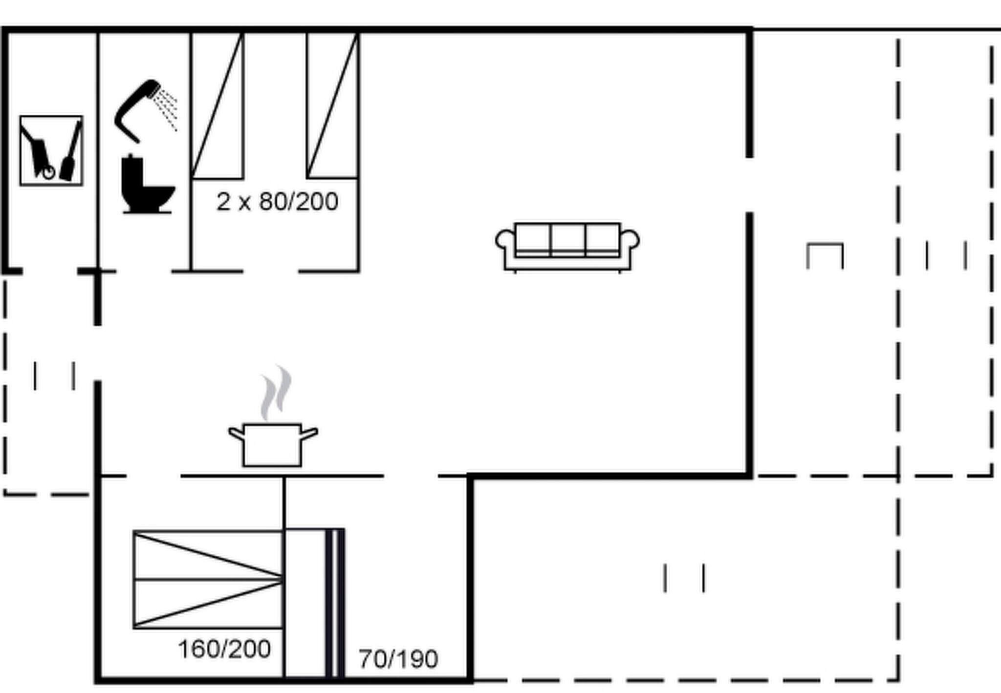 Un plano de planta que muestra una kitchenette, una zona de comedor y un espacio de sala.
