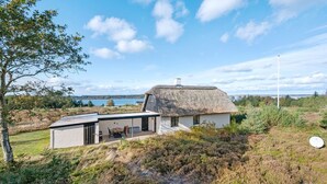 A modern house with a thatched roof and a glass extension, surrounded by natural landscape and a body of water in the background. - "Tordis" - 250m to the fjord by Interhome (Roslev)