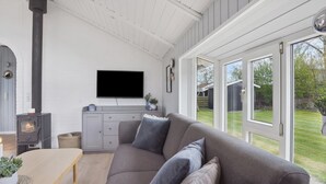 Un salon moderne avec un canapé gris, un téléviseur à écran plat et un poêle à bois.