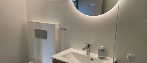 A modern bathroom with a toilet, a sink with a mirror above, and a wooden cabinet below.