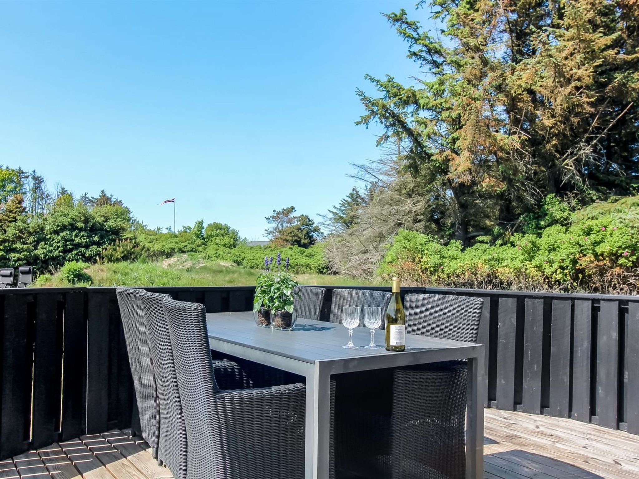 Un espace de restauration en plein air avec une table et des chaises, une bouteille de vin et une plante en pot.