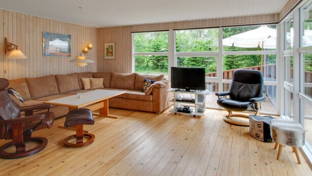 A spacious living room with a wooden floor, a large window offering a view of greenery, a sofa, a coffee table, a TV, and a leather chair.