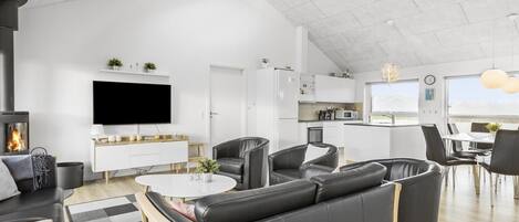 TV, fireplace, table football