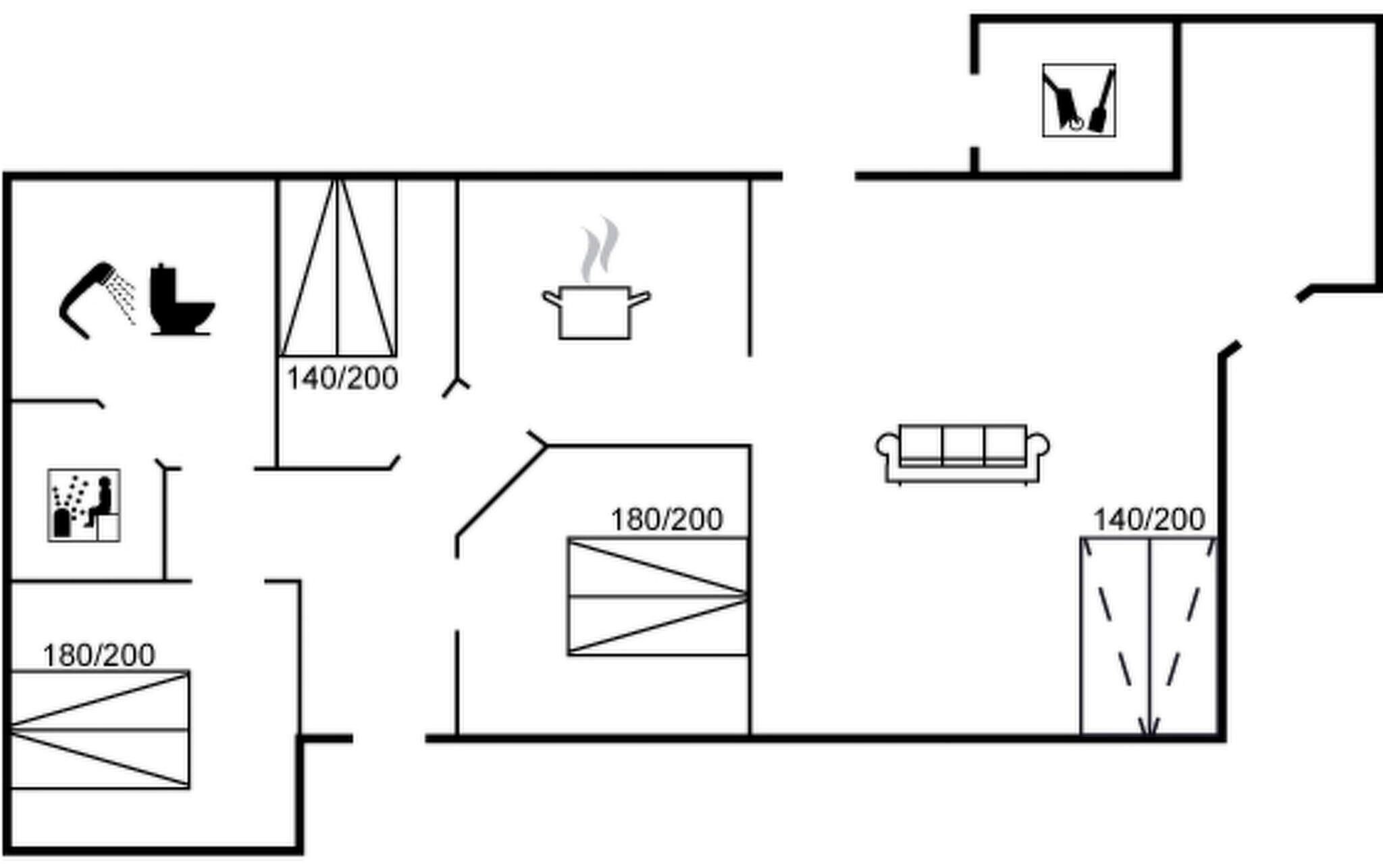 Een plattegrond met een keuken, eetgedeelte en twee slaapkamers.