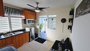 Una cocina compacta con microondas, tostadora y lavabo, un ventilador de techo y vistas a un espacio exterior a través de una puerta.