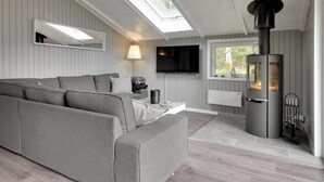 A modern living room with a grey sofa, a flat-screen TV, a fireplace, and a skylight.