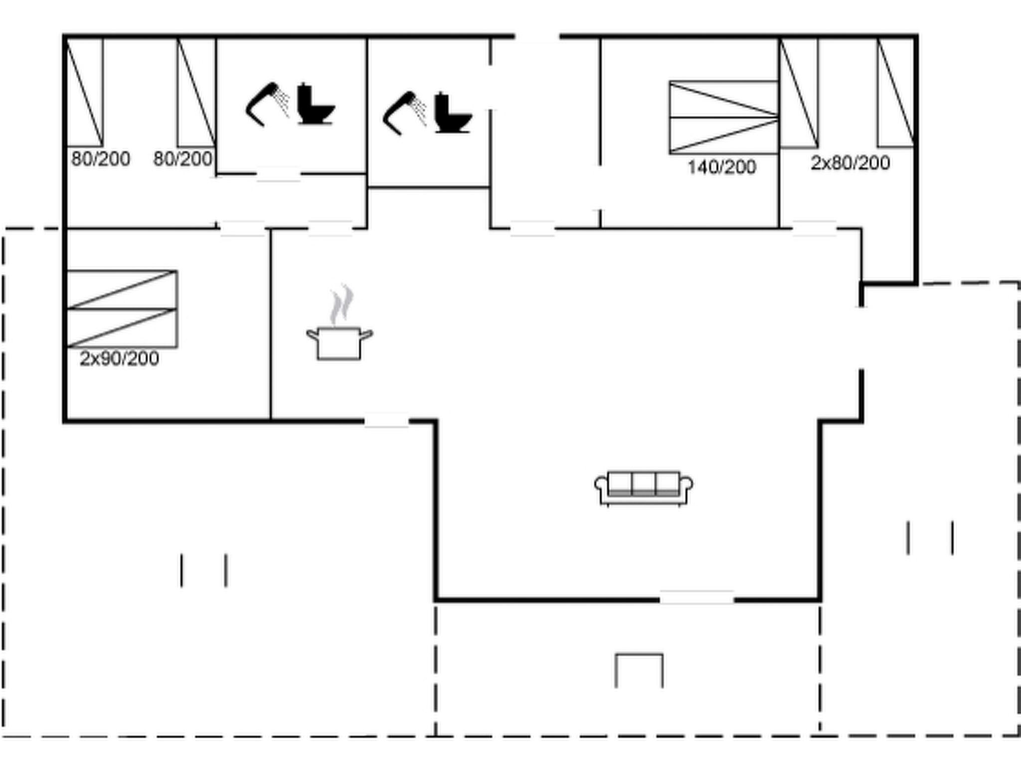A floor plan with a kitchen, two bathrooms, a dining area, and a living room.