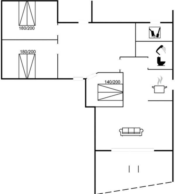 A floor plan with two bedrooms, a bathroom, a kitchen, and a living area. - "Görel" - 1km from the sea by Interhome (Blåvand)