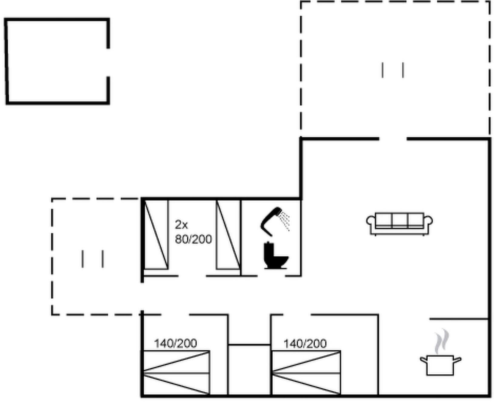A floor plan with a kitchen, two bathrooms, a living room, and a dining area.