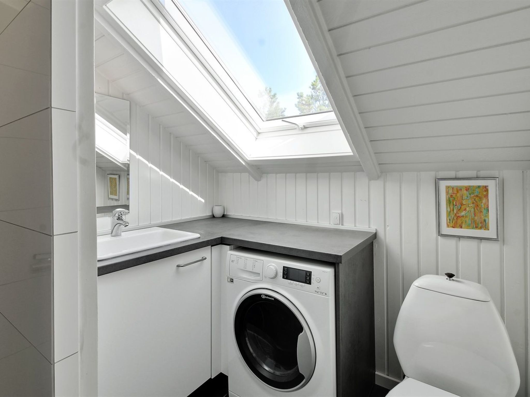 Une buanderie équipée d’un lave-linge, d’un évier et de toilettes. Une lucarne se trouve au-dessus de l’évier et un tableau encadré orne le mur.