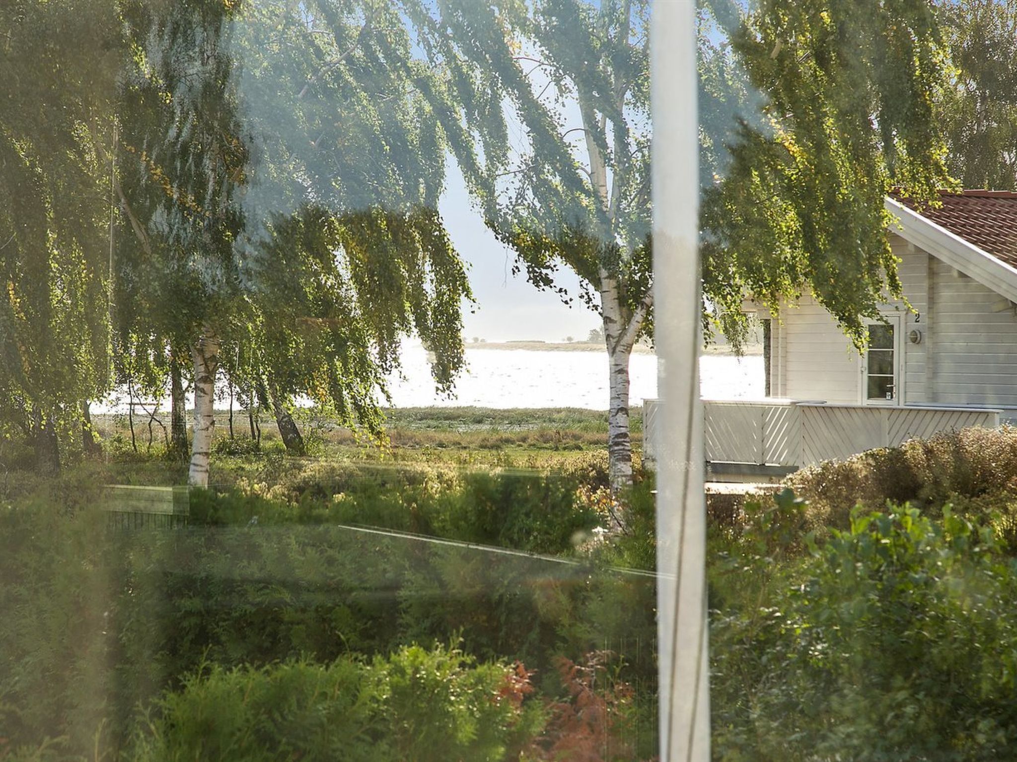 A house with a white exterior, surrounded by trees and a body of water in the background.