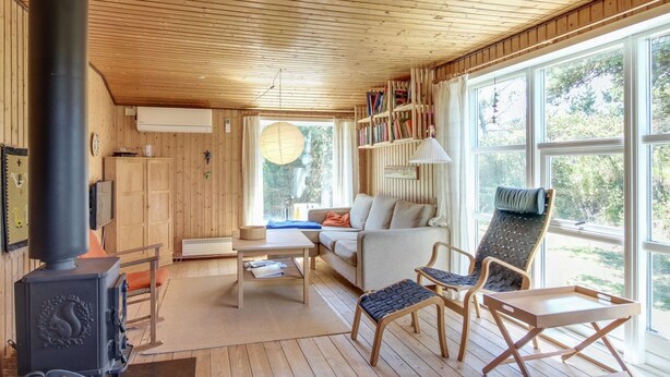 Een gezellige woonkamer met een open haard, een bank, een bijzettafeltje en een boekenkast.