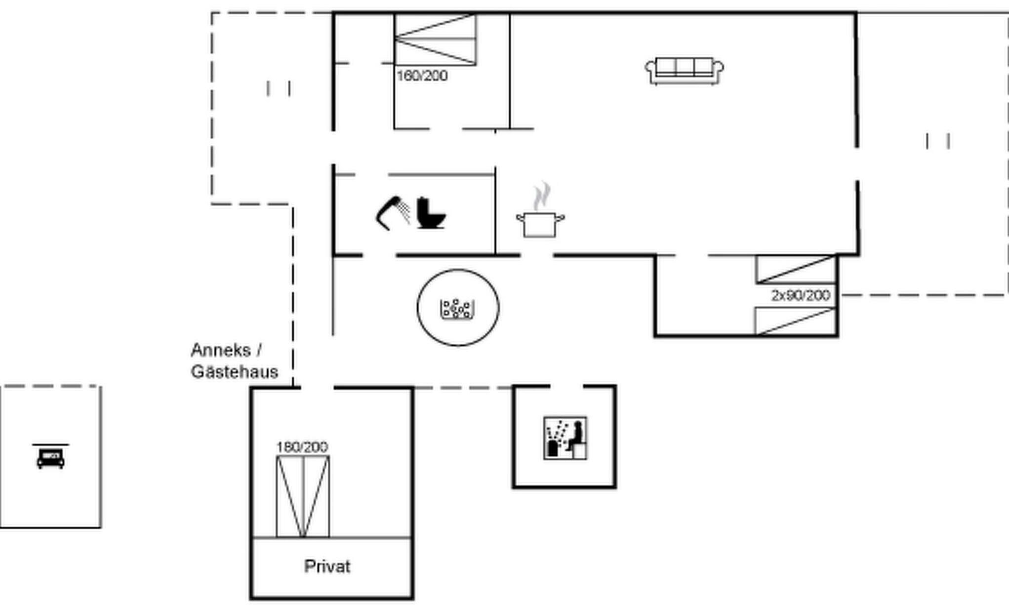 A hotel floor plan with a private room, a kitchenette, a bathroom, and a living area.