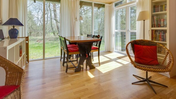 A spacious room with a wooden floor, a dining table with chairs, a wicker chair with a red cushion, a bookshelf, and large windows offering a view of the outdoors. - "Eina" - 250m from the sea by Interhome (Hals)