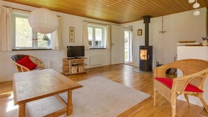 A cozy living room with a wooden ceiling, a fireplace, wicker furniture, and a television. - "Eina" - 250m from the sea by Interhome (Hals)