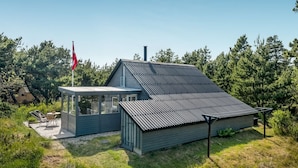 A modern house with a sloped roof, a covered patio, and a flagpole.