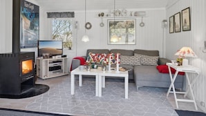 A cozy living room with a fireplace, a sofa, a coffee table, and a TV. - "Hellevi" -  from the sea by Interhome (Hals)