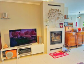 Een smart-tv, een open haard, een dvd-speler en boeken