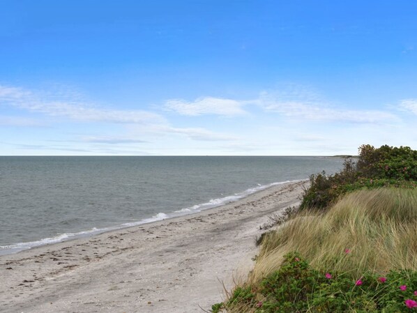 A beach with a clear sky and calm sea.