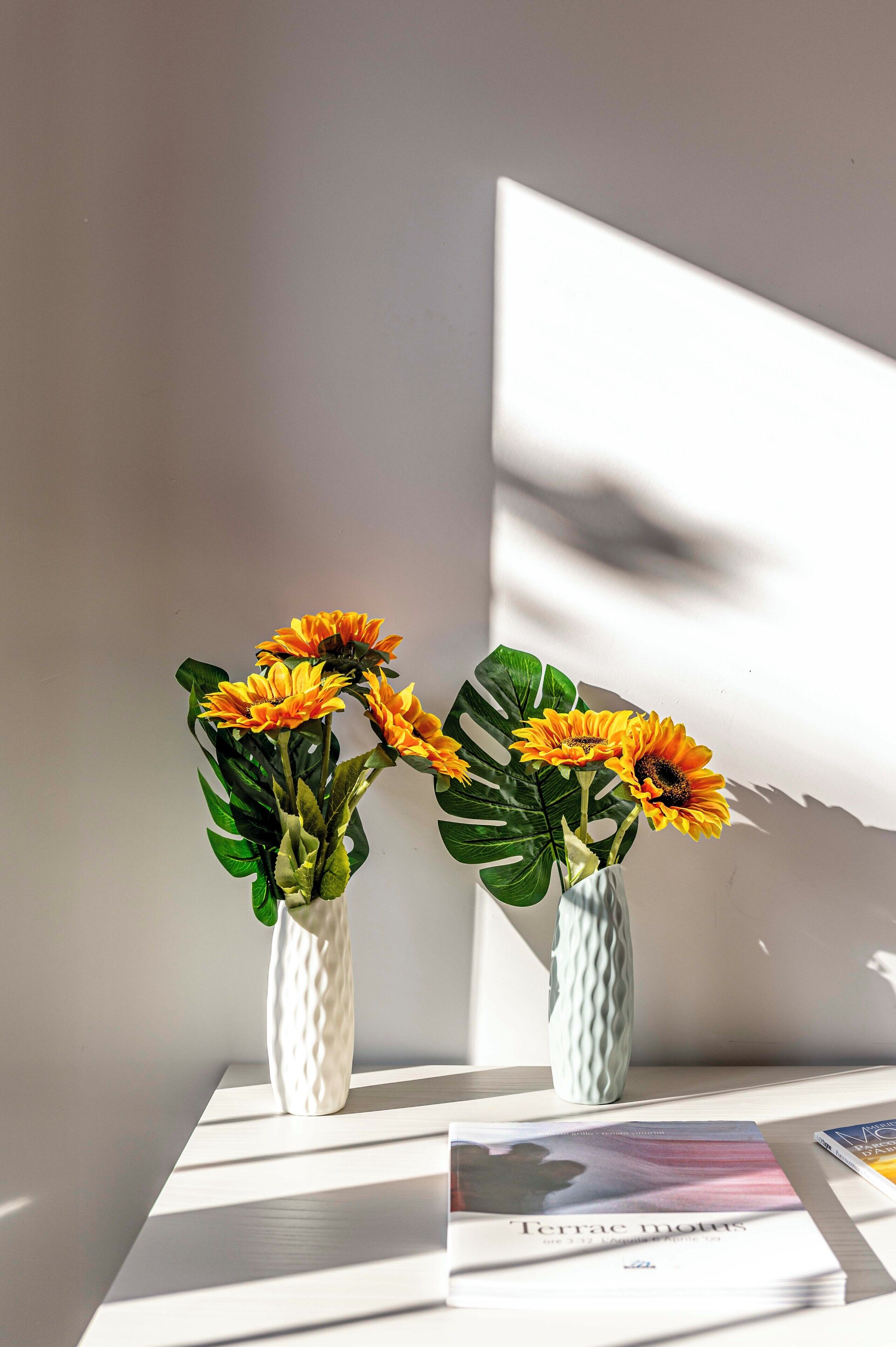 Deux vases blancs ornés de tournesols sont posés sur une surface blanche, et un livre intitulé « Motifs de Terrac » se trouve à côté.